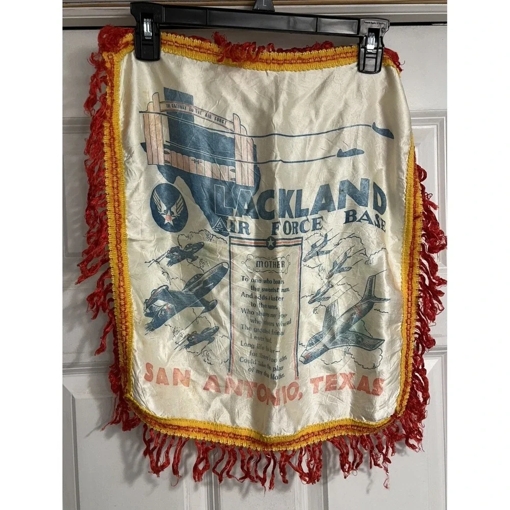 Vintage Lackland Air Force Base Mother Fringed Satin Souvenir Pillow Case